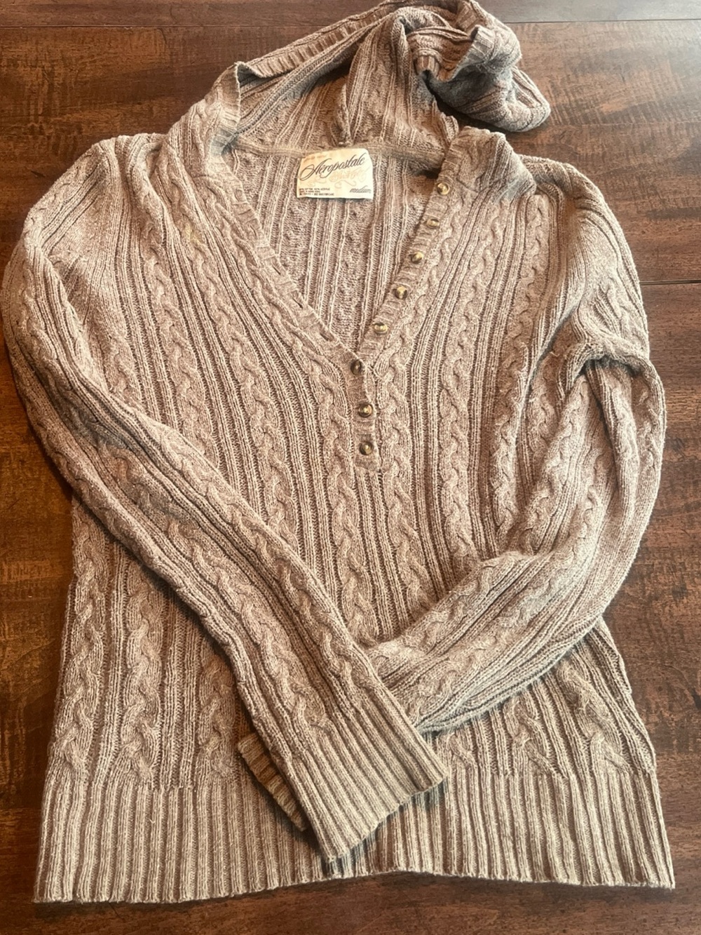Y2K Aeropostale Cable Knit Hooded Henley Sweater Bella Swan Brown Cozy Grunge M